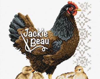 Black chicken with chicks - Jackie Beau Cross-stitch pattern pdf-download © Beau2stitch