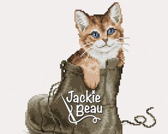 Kitten in boot - Jackie Beau cross-stitch pattern pdf-download © Beau2stitch