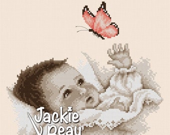 Baby and butterfly - Jackie Beau cross-stitch pattern pdf-download © Beau2stitch