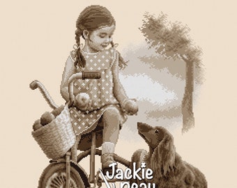 Apple girl with her dog - Jackie Beau cross-stitch pattern pdf-download © Beau2stitch