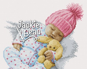 Baby met gebreide muts - Jackie Beau - Kruissteek patroon PDF-download © Beau2stitch