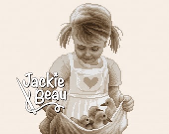 Girl with chicks - Jackie Beau cross-stitch pattern pdf-download © Beau2stitch