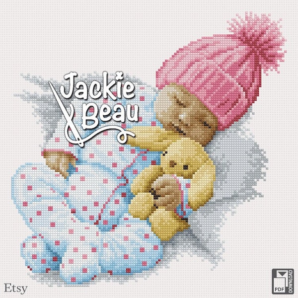 Baby with knitted hat (color) - Jackie Beau cross-stitch pattern pdf-download © Beau2stitch