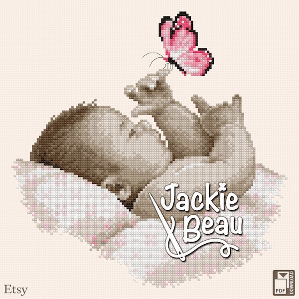 Baby with butterfly - Jackie Beau cross-stitch pattern PDF-download © Beau2stitch