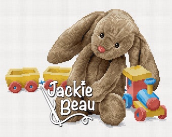 Rabbit and train toys - Jackie Beau cross-stitch pattern pdf-download © Beau2stitch