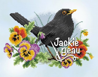 Blackbird Among Violets - Jackie Beau Cross-stoich pattern PDF-Download © Beau2stitch
