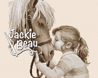 Girl kisses horse - Jackie Beau cross-stitch pattern pdf-download © Beau2stitch