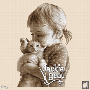 Girl with kitten - Jackie Beau cross-stitch pattern pdf-download © Beau2stitch