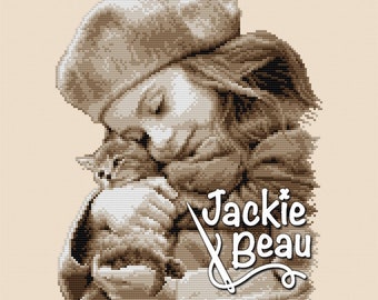 Girl with kitten - Jackie Beau cross-stitch pattern pdf-download © Beau2stitch