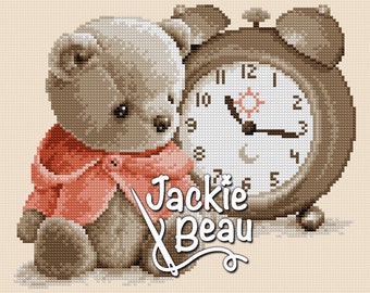 Bear with clock - Jackie Beau cross-stitch pattern pdf-download © Beau2stitch