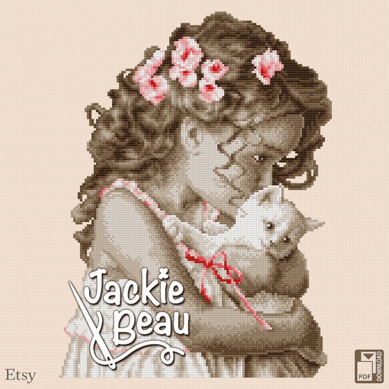 Girl with cat Jackie Beau cross-stitch pattern pdf-download © Beau2stitch image 1