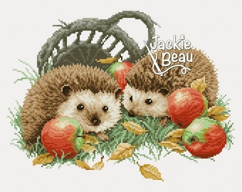Hedgehogs with apples - Jackie Beau - Cross-stitch pattern pdf download © Beau2stitch