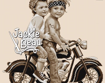 Motorcycle kids - Jackie Beau cross-stitch pattern pdf-download © Beau2stitch