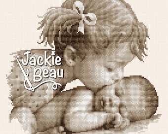 Big sister's kiss - Jackie Beau cross stitch pattern pdf-download © Beau2stitch