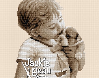 Jongen met hond - Jackie Beau - Kruissteek patroon pdf-download © Beau2stitch