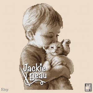 Boy with kitten - Jackie Beau cross-stitch pattern pdf-download © Beau2stitch