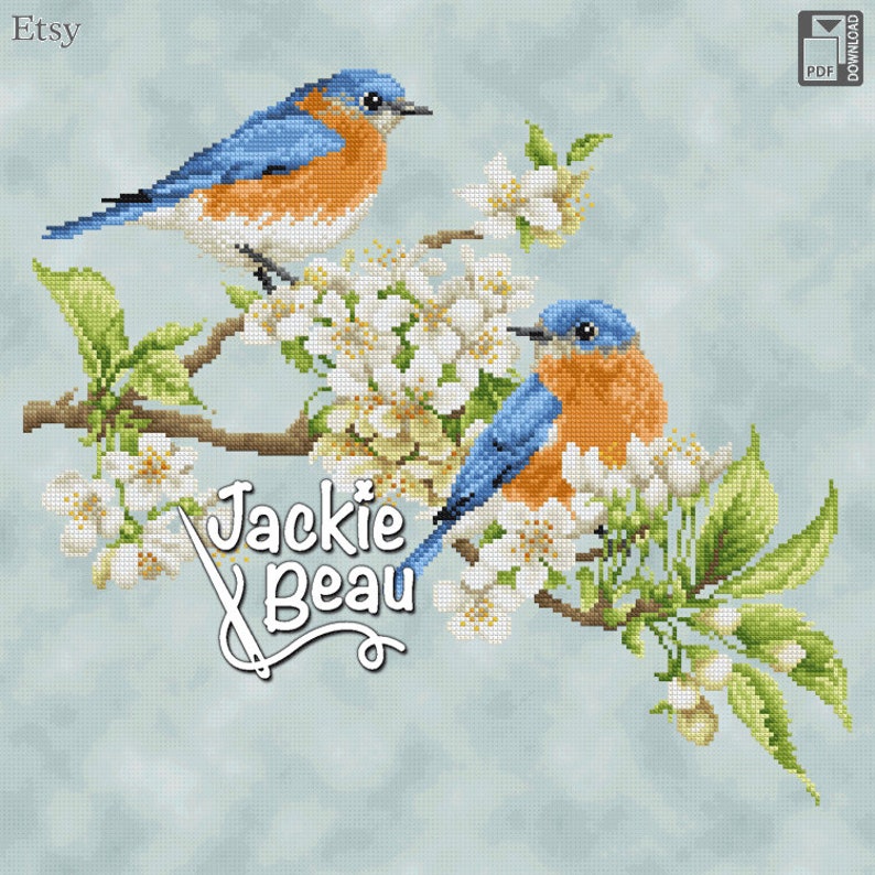 Kruissteek patroon Blauwe vogels met bloesem door Jackie ...