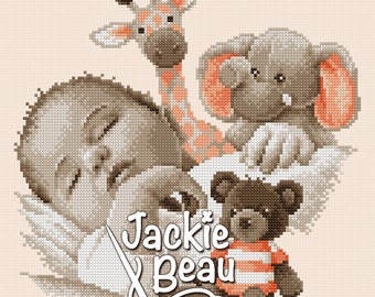 Baby sleeps between cuddly toys - Jackie Beau cross-stitch pattern pdf-download © Beau2stitch