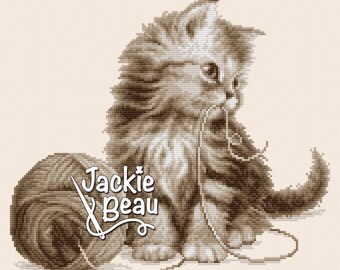 Kitten with yarn - Jackie Beau cross-stitch pattern pdf-download © Beau2stitch