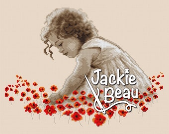 Girl picks flowers - Jackie Beau cross-stitch pattern pdf-download © Beau2stitch