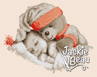 Bambino con orsetto grande - Jackie Beau - Schema punto croce scarica il pdf © Beau2stitch