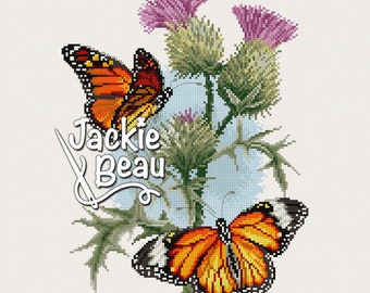 Butterfly at thistle - Jackie Beau cross-stitch pattern pdf-download © Beau2stitch