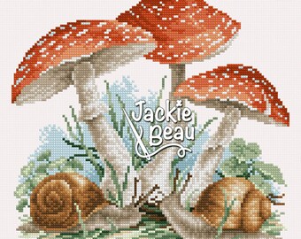 Mushrooms and snails - Jackie Beau cross-stitch pattern pdf download © Beau2stitch