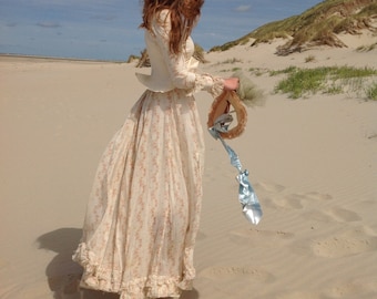 1860s 3PC  floral dress  skirt, long sleeve underblouse and bodice with puff sleeves