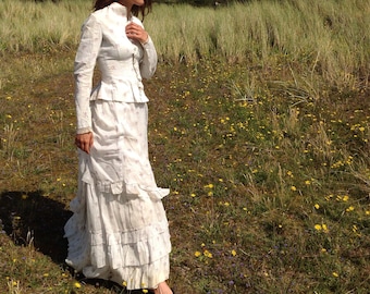 lovely cotton print day dress, 3PC victorian bustle dress 1890s