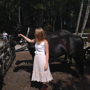 May include: A woman stands near a black horse harnessed to a carriage. She wears a white top, a light pink skirt, and brown boots. The horse is in front of a wooden fence, with trees in the background.