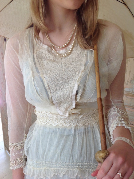 Antique Edwardian Ivory Lace Tulle Wedding Dress