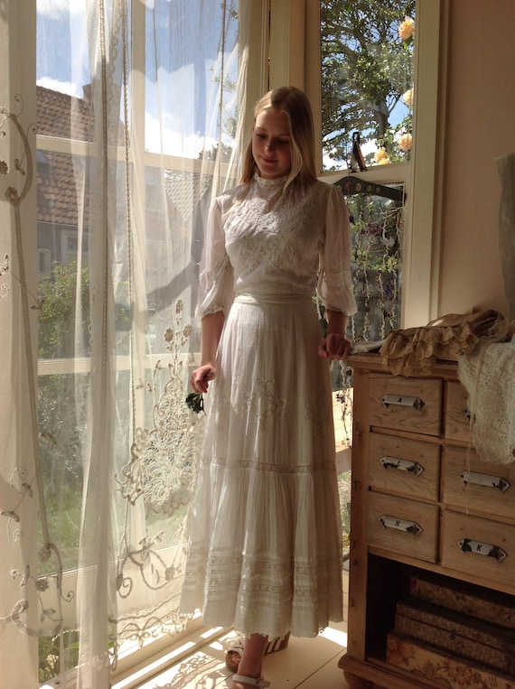 antique wedding dress 2PC muslin cotton dotted dr… - image 7