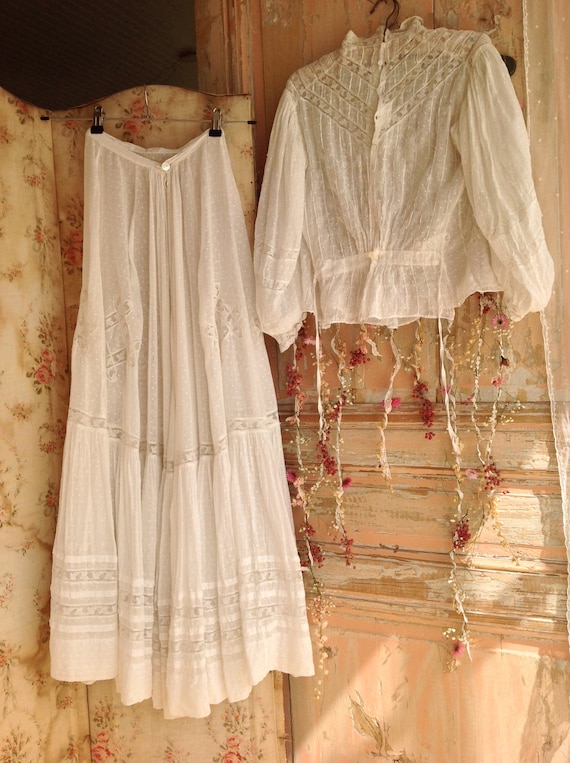 antique wedding dress 2PC muslin cotton dotted dr… - image 10