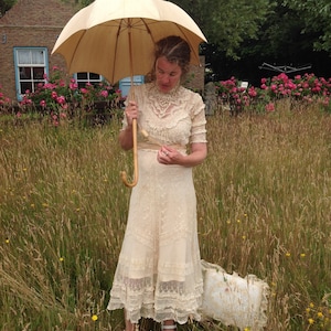 gold/ beige tulle lace dress with staining 1890s