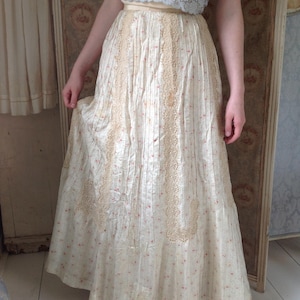 Antique Silk Floral Print Skirt: 1850s Hand Stitched Lace