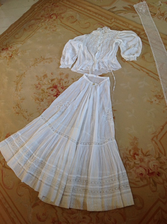 antique wedding dress 2PC muslin cotton dotted dr… - image 1