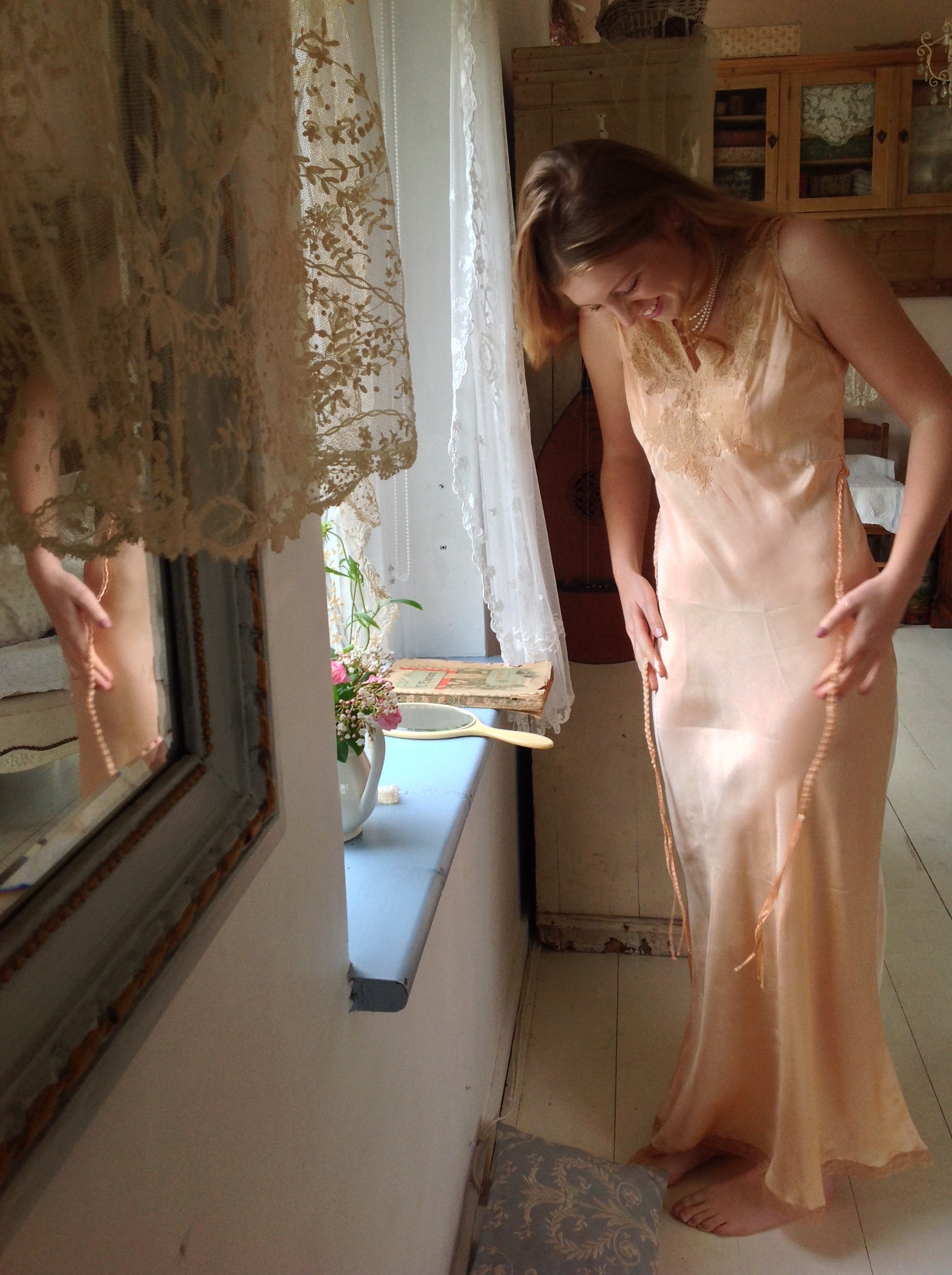 pure silk slip dress , antique lingerie M