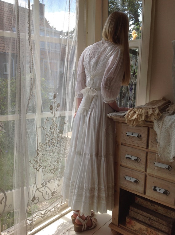 antique wedding dress 2PC muslin cotton dotted dr… - image 5