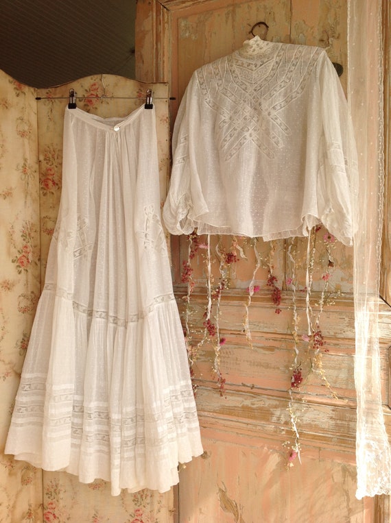 antique wedding dress 2PC muslin cotton dotted dr… - image 8