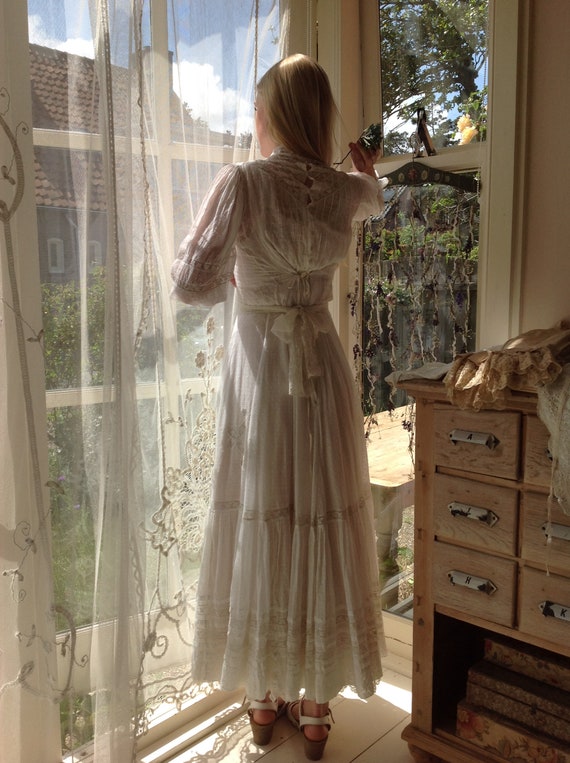 antique wedding dress 2PC muslin cotton dotted dr… - image 6