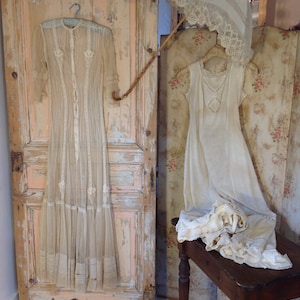very old tulle lace wedding dress with cotton and lace slip dress 1880s  AS IS