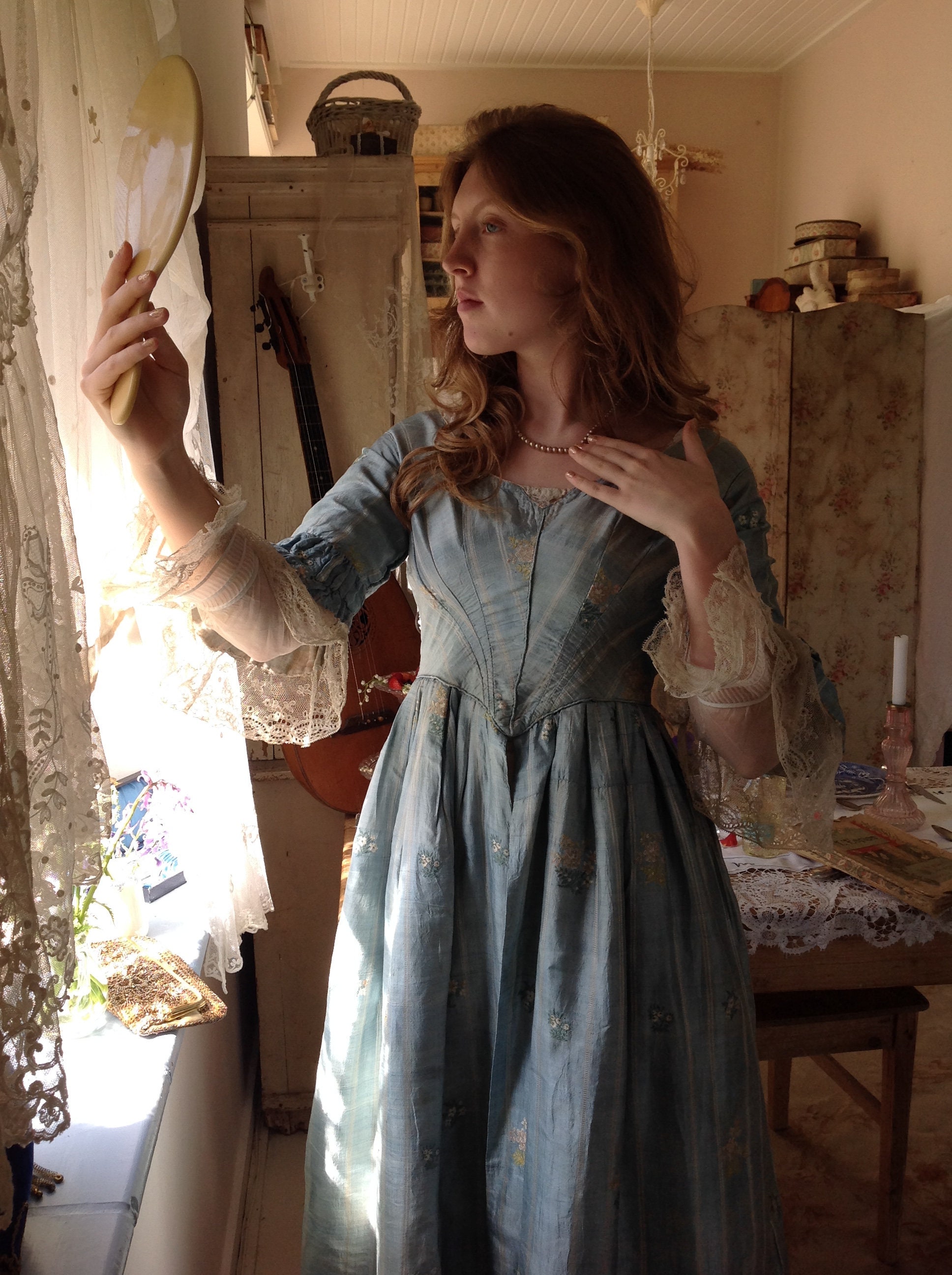 Museum Dress From the 1740s, Blue Silk Floral Brocade Castle Museum Dress From the 1740s, Blue Silk Floral Brocade Castle