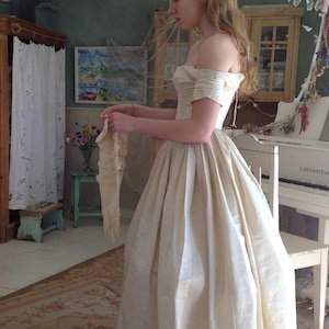 antique ballgown, champagne silk moire wedding dress 1890s