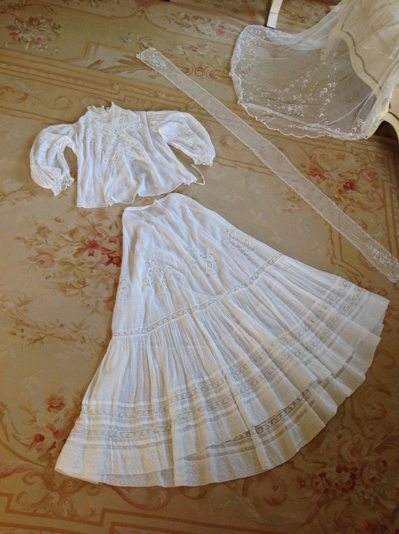 antique wedding dress 2PC muslin cotton dotted dr… - image 2