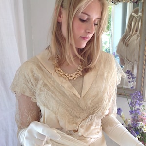 Antique Silk Lace Wedding Gown - 1870s Champagne Dress