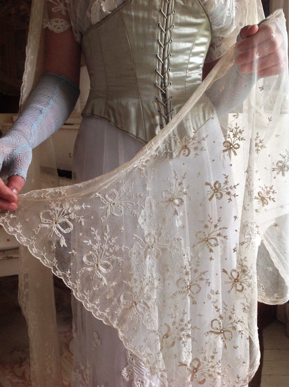 antique ice blue silk wedding gloves AS IS