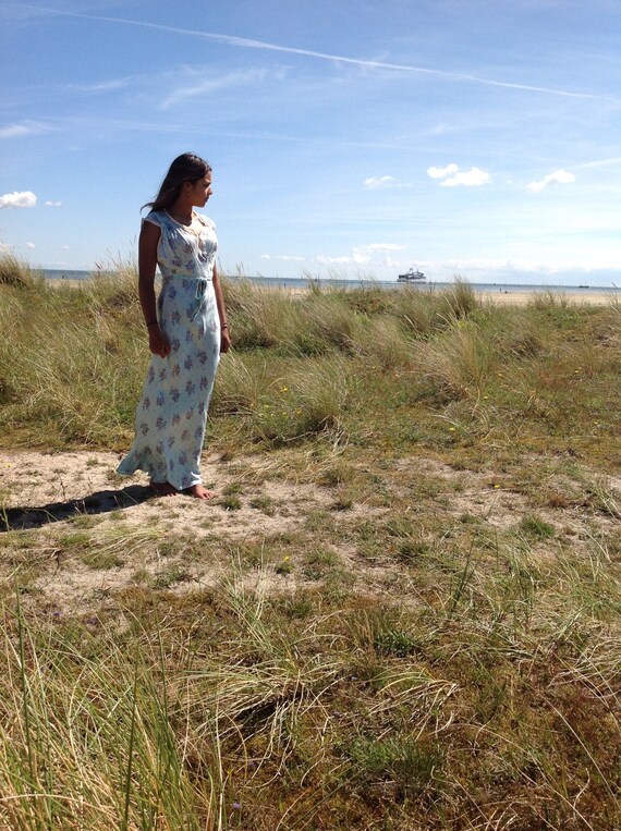 sea green silk floral slip dress , night gown LARG