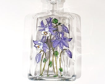 Columbines - Painted Glass Bottle / Glass Decoration / Decorative Lantern / LED Lights Chain Included for FREE