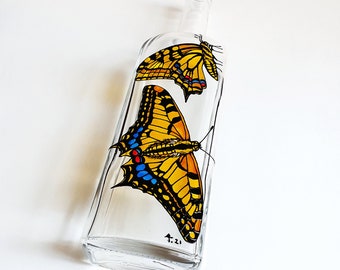 Old World Swallowtails - Painted Glass Bottle / Glass Decoration / Decorative Lantern / LED Lights Chain Included