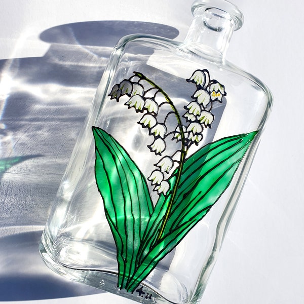 Painted Glass Bottle - Lily of the Valley / Glass Decoration / Decorative Lantern / LED Lights Chain Included